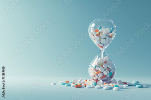 Pills inside a glass sand clock on a light blue empty background with space for text. Health and medicine theme or antidepressant addiction 