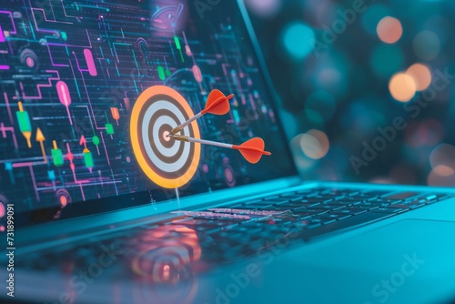 Laptop with SEO dart and target, symbolizing focused optimization.