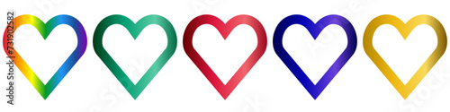 Collection of 5 metallic hearts rainbow, emerald, ruby, gold, sapphire. Vectorized icons.