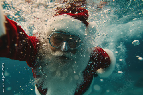 close view of Santa Claus diving and swimming underwater
