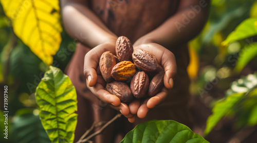 Cocoa beans in hands against natural lush background. Harvested cacao pods cradled in palms, nature background. Нandful of cocoa beans presented in tropical setting. Organic chocolate source