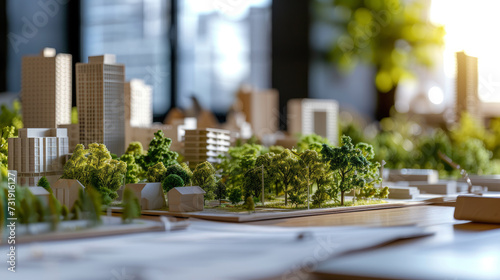Explore the detailed workspace of an urban planner focused on sustainable city developments, featuring blueprints and models for green infrastructure and eco-friendly growth.