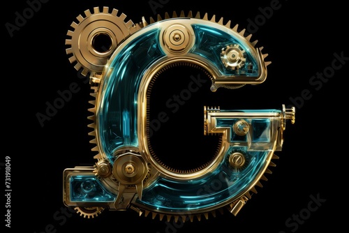 Letter 'G' Transformed Into A Steampunk Medley Of Azure Gold And Gears. Concept Creative Typography, Steampunk Design, Letter Transformation, Industrial Elements, Azure And Gold Color Palette