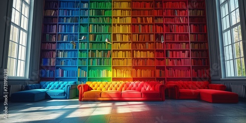 A Colorful Spectrum Of Books Embellishing A Spacious Home Library. Concept Home Library, Book Collection, Spacious, Colorful Spectrum, Embellished