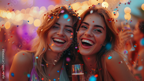 Two women dressed up, laughing and holding champagne glasses at a party. Confetti is falling around them.