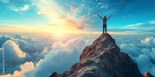 Triumph Atop A Peak An Empowered Man Raises Arms Brimming With Inspiration