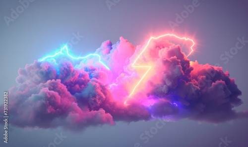 3d render, geometric lightning sign glows with neon light inside the colorful cloud isolated on white background, fantasy sky. Stormy cumulus with geometric, Generative AI