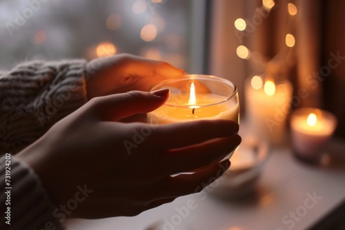 Close up unrecognizable calm relaxed Caucasian woman female lady girl hands holding burning lighted aroma scented candle night indoors home living room window. Cozy evening house comfort aromatherapy