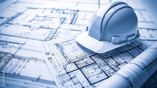 A detailed image showcasing house drawing blueprints, complete with a construction helmet, set against a clean background to emphasize the theme of architectural projects and construction engineering.