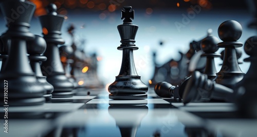 3d render, chess game dramatic battle, black rook chess piece aggressive move. Successful business planning, defeat concept, Generative AI
