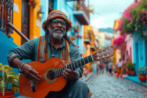 Street old Musician Playing Guitar in Colorful Setting