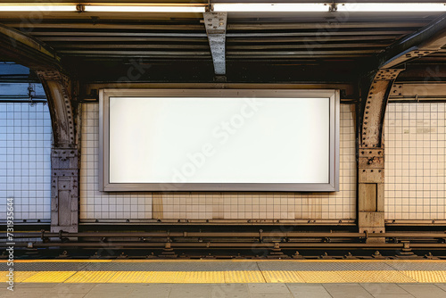 Subway Billboard Canvas: A pristine white billboard awaits your message in the heart of a bustling subway station, offering prime advertising space for urban audiences.