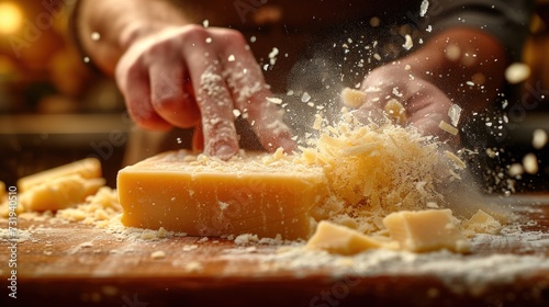 a close up of a person cutting cheese on a cutting board with grated parmesan cheese on top of it.