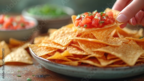a person dipping a tortilla chip into a bowl of tortilla chips with salsa in the background.
