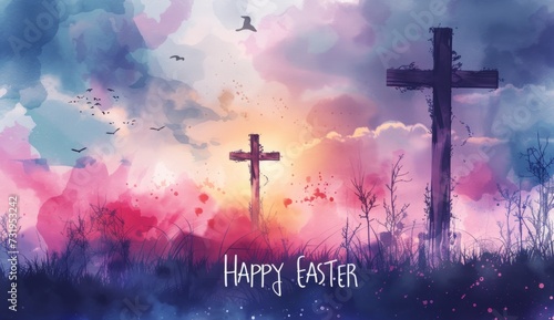 HAPPY EASTER watercolor artwork of cross with sunrise Generative AI