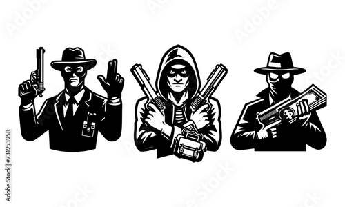 mascot logo of Masculine man as ROBBERS IN DIFFERENT POSES ,black and white robbers mascot logo