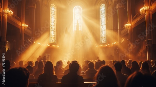 Capturing divine moments: church worship concept Christians, raised hands, earnestly pray and worship to cross in the sacred ambiance of a church building, expressing faith and spiritual connection.