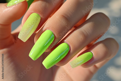 Manicure closeup. Woman bright green nails close-up. Nail care in beauty salon. Spa healthy treatments for female hands. Fashion bright summer trendy manicure.