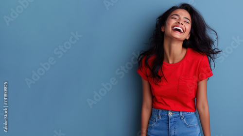 Indian woman wear red t-shirt smile laugh out loud isolated