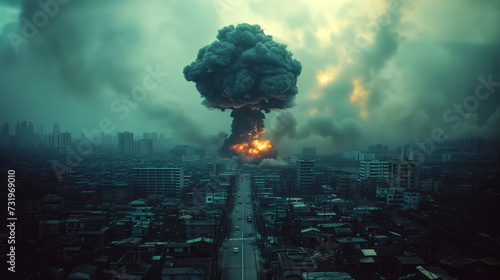 atomic mushroom explosion in the centre of a city.