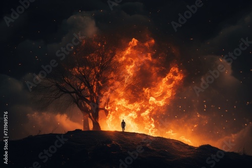 cinematic scene of a burning tree on a hill with human silhouette. dramatic cloudy sky. 