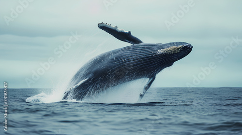 A humpback whale is jumping out of the water.