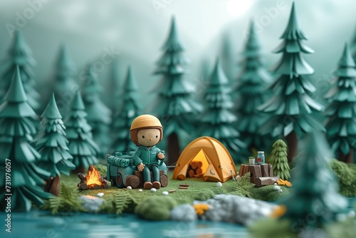Camping in the forest, 3D miniature characters and scenery. Camping dans la forêt, personnage et décor en miniature 3D.