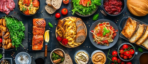Top view of a photo collage featuring various healthy main courses, including meat and fish dishes, pasta, salads, sauces, bread, and vegetables, on a dark background.