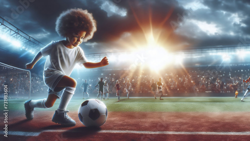 A young child with a radiant smile and an afro hairstyle imagines being a soccer star, playing in a stadium filled with cheering fans at sunset. dreaming big