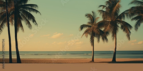 Tropical beach with coconut palm trees at sunset. Vintage filter