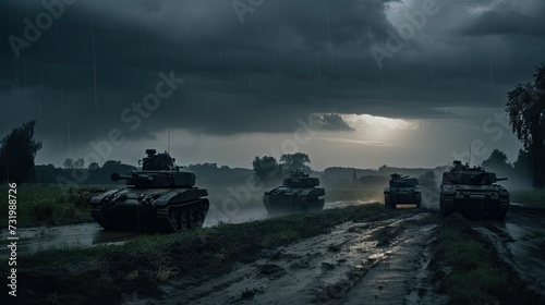 AI generated illustration of military tanks driving down a wet, muddy road at sunset