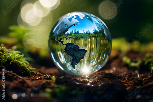 A drop of water in the form of planet Earth. Concept of water shortage, ocean pollution and global environmental problems