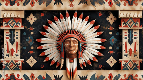 Seamless ethnic pattern in motives of the North American Indians, hand-painted details with black background