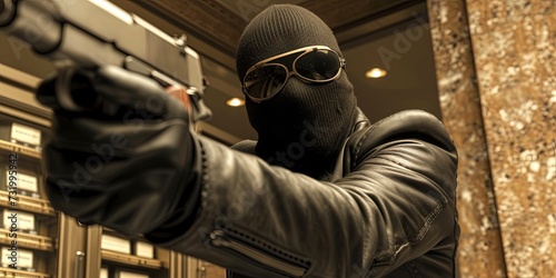 Robbery concept with armed thieves wearing masks ready to steal. Bank robbery and home invasion security concepy=t