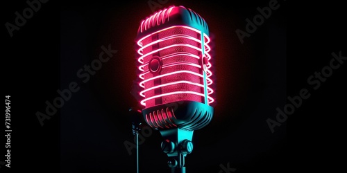 Neon microphone for musical and podcasting concept. Black background isolated with futuristic and modern look.