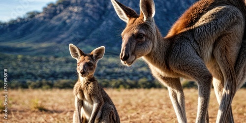a close up of a kangaroo and a baby kangaroo in a field with a mountain in the backgroud.