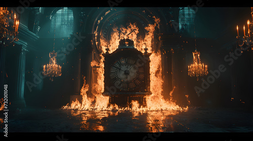 A dark and cinematic photograph of a grand clock set on fire, creating a captivating visual metaphor for the inevitability of time's passage