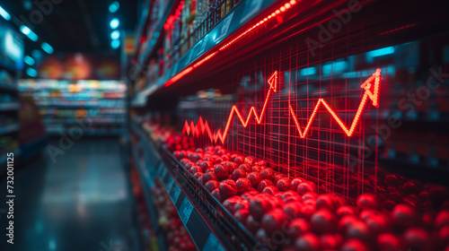 Shopping cart in the market, Red growing up large arrow on abstract blur image of supermarket background. Bar charts and graphs. Rising food prices. Inflation concept, Ai generated image
