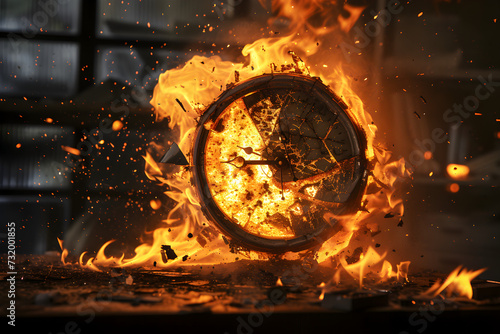 A haunting photograph of a clock with a shattered glass face, engulfed in flames, creating a visually impactful and symbolic image