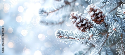 A detailed view of a frozen conifer tree adorned with snow and pine cones, captured through macro photography.