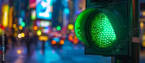 A green traffic light illuminated through an automotive lighting system provides a visually captivating and technologically advanced event in the city at night.