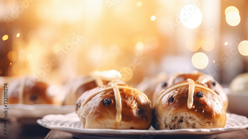 Fresh hot cross bun in bakery, exuding tempting aroma. Warm hues, festive mood, and artisanal touch evoke culinary indulgence, perfect for Easter celebrations