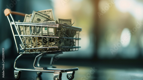 Shopping cart brimming with money. The allure, power, and extravagance associated with affluence and pursuit of financial success. Generative ai.
