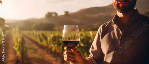 Mann mit einem Glas Wein steht vor Weinbau bei Sonnenuntergang
