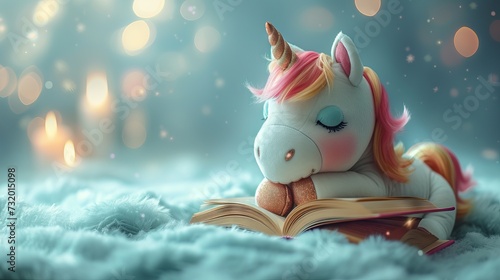 Cartoon character of a unicorn immersed in reading a book on a pastel background. Concept of use: mythical animal from children's books and imagination
