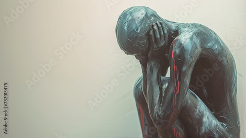 Statue of a man sitting in fetal position with space room for copy