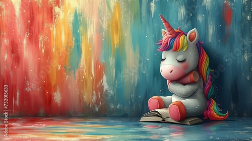 Cartoon character of a unicorn immersed in reading a book on a pastel background. Concept of use: mythical animal from children's books and imagination
