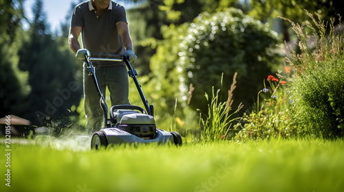 Gärtner mäht seinen Rasen mit Rasenmäher