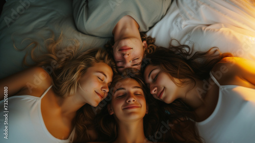 Quad in a polyamory relationship sleeping together. Three women, one man