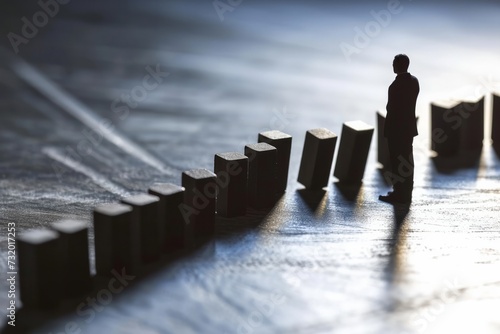 A lone man attempting to halt a series of falling dominoes